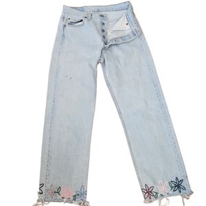 Vintage Levi's 501 Hand Embroidered Flowers Light Denim Wash Jeans Made …